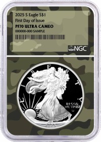2025 S $1 1 oz Proof Silver Eagle NGC PF70 UCAM First Day of Issue Army Camo Label