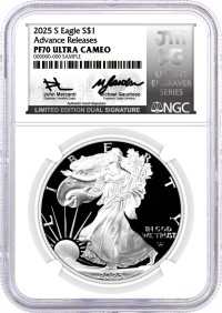 2025 S $1 1 oz Proof Silver Eagle NGC PF70 UCAM Advance Releases Mercanti/Gaudioso Signed Limited Edition Dual Signature Mint Engraver Series