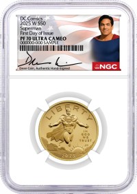 2025 W $50 1/2 oz 24K Proof Gold DC Comics Superman NGC PF70 UCAM First Day of Issue Dean Cain Signed with OGP