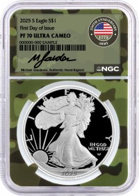 2025 S $1 1oz Proof Silver Eagle NGC PF70 UCAM First Day of Issue Gaudioso Signed Army Camo Core