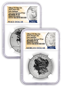 2025 S $1 Reverse Proof Silver Morgan Dollar and Peace Dollar 2-Coin Set NGC Reverse PF70 Early Releases Design Label