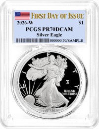 1776-2026 W $1 1 oz 250th Anniversary Liberty Bell Privy Proof Silver Eagle PCGS PR70 DCAM First Day of Issue Flag Label