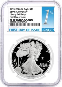 1776-2026 W $1 1 oz 250th Anniversary Liberty Bell Privy Proof Silver Eagle NGC PF70 Ultra Cameo First Day of Issue 1st Label