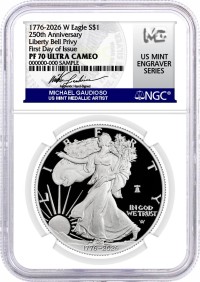 1776-2026 W $1 1 oz 250th Anniversary Liberty Bell Privy Proof Silver Eagle NGC PF70 UCAM First Day of Issue Gaudioso Signed U.S. Mint Engraver Series