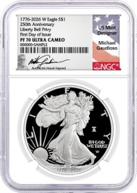1776-2026 W $1 1 oz 250th Anniversary Liberty Bell Privy Proof Silver Eagle NGC PF70 UCAM First Day of Issue Gaudioso Signed Flag Label