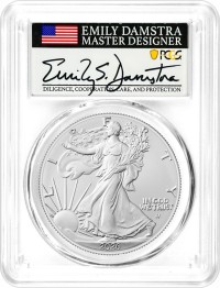 2026 $1 Silver Eagle PCGS MS70 First Day of Issue Damstra Signed Flag Label