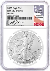 2026 $1 1 oz Silver Eagle NGC MS70 First Day of Issue Gaudioso Signed Flag Label