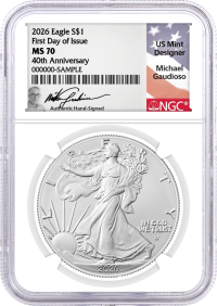 2026 $1 1 oz Silver Eagle NGC MS70 First Day of Issue Gaudioso Signed Flag Label