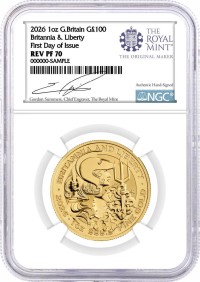 2026 G. Britain 1 oz 24K Gold Britannia & Liberty NGC REVERSE PF70 First Day of Issue Summers Signed Royal Mint Label with OGP