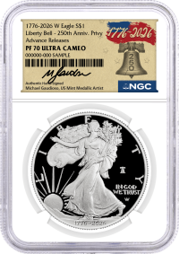 1776-2026 W $1 1 oz 250th Anniversary Liberty Bell Privy Proof Silver Eagle NGC PF70 UCAM Advance Releases Gaudioso Signed 1776 Freedom Label