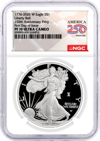 1776-2026 W $1 1 oz 250th Anniversary Liberty Bell Privy Proof Silver Eagle NGC PF70 Ultra Cameo First Day of Issue America250 Label