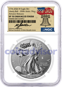 1776-2026 W $1 1 oz 250th Anniversary Liberty Bell Privy Enhanced Uncirculated Silver Eagle NGC SP70 Advance Releases Gaudioso Signed 1776 Freedom Label