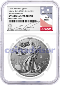 1776-2026 W $1 1 oz 250th Anniversary Liberty Bell Privy Enhanced Uncirculated Silver Eagle NGC SP70 Advance Releases Hollis Signed Flag Label