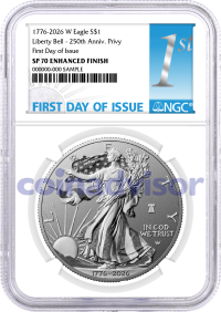 1776-2026 W $1 1 oz 250th Anniversary Liberty Bell Privy Enhanced Uncirculated Silver Eagle NGC SP70 First Day of Issue 1st Label