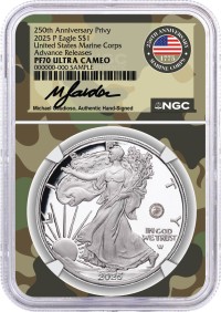 2025 P $1 1oz Silver Eagle 250th Anniversary United States Marine Corps Privy NGC PF70 UCAM Advance Releases Gaudioso Signed Marine Corps Camo Core