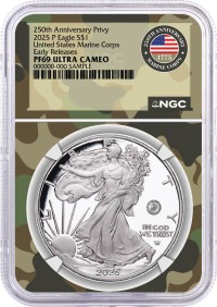 2025 P $1 1oz Silver Eagle 250th Anniversary United States Marine Corps Privy NGC PF69 UCAM Early Releases Marine Camo Core and Label with OGP